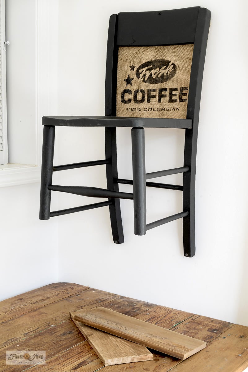 laying planks for shelves for a upcycled chair wall shelf