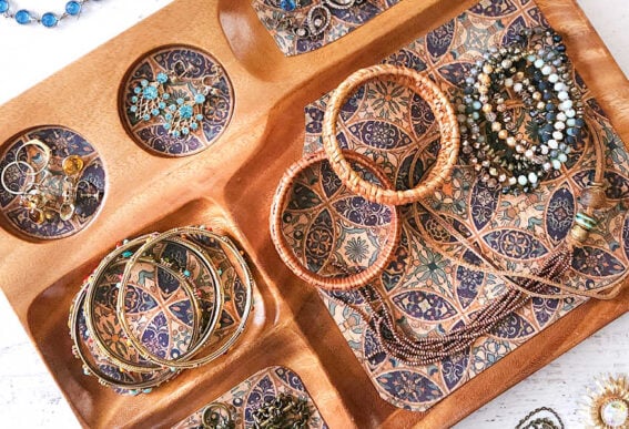 wood jewelry tray with cork fabric