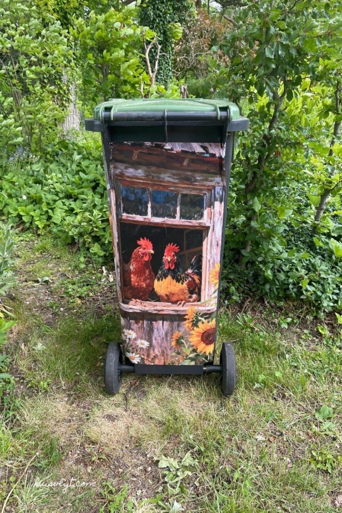 Hide garbage bins with chicken coop graphics by Home Crafts featured on New Upcycle Ideas 834