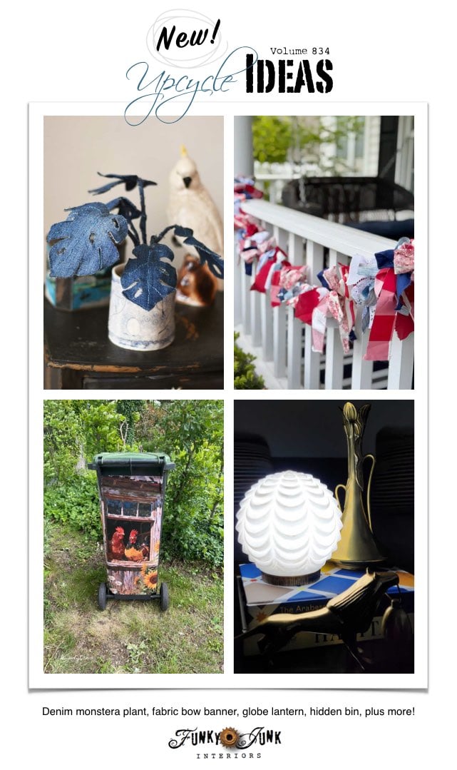 Create 20+ New Upcycle Ideas 834 - Denim monstera plant, fabric bow banner, globe lantern, hidden bin, plus more unique repurposed projects to make with supplies you may already have at home!