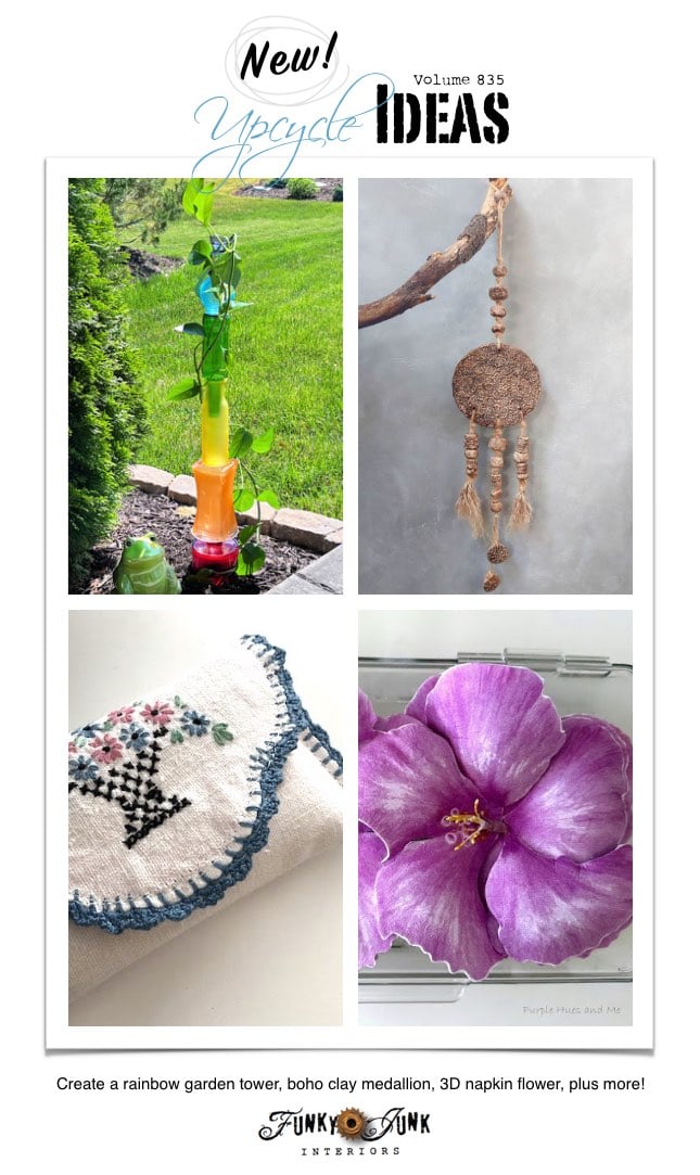 Create 20+ New Upcycle Ideas 835 - Create a glass rainbow garden tower, boho clay medallion, 3D napkin flower, plus more unique repurposed projects to make with supplies you may already have!