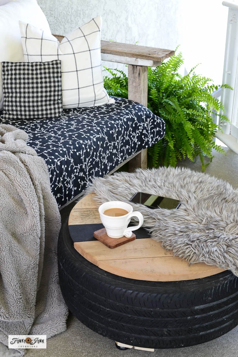 things made with used tires - tire ottoman and coffee table on casters