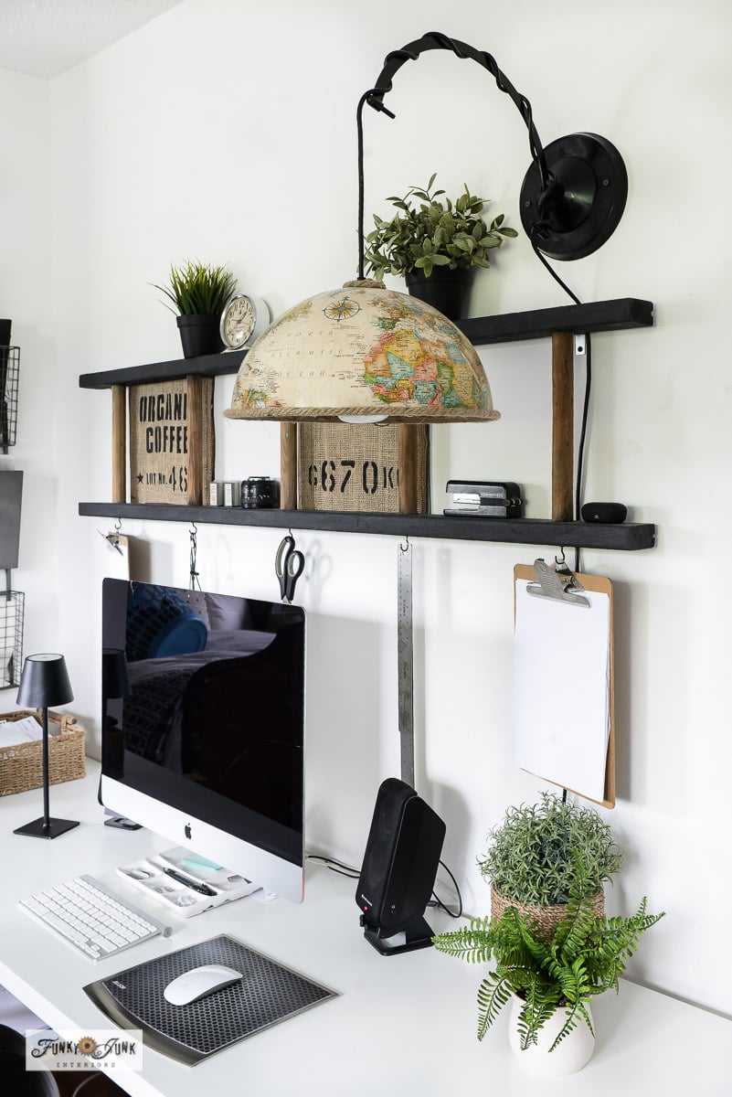 upcycled globe pendant light in an office