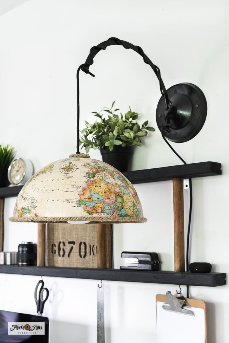 upcycled globe pendant light in an office