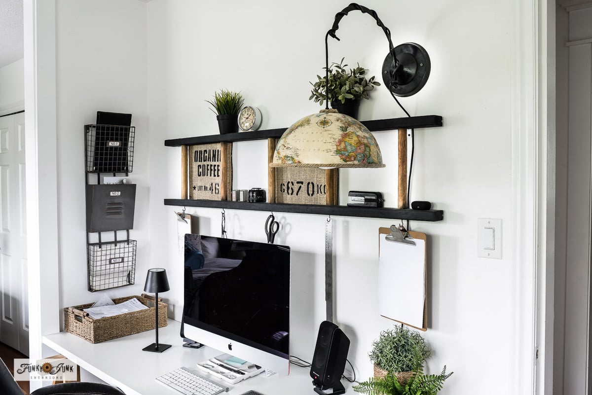 upcycled globe pendant light in an office