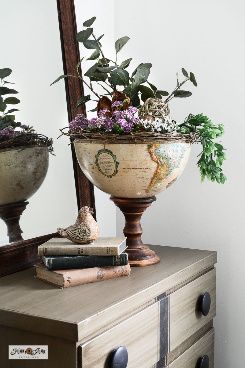 Upcycle a cardboard world globe into a unique and useful upcycled globe light, cloche, pedestal bowl and paper towel stand, to add unique charm and creativity to any space!
