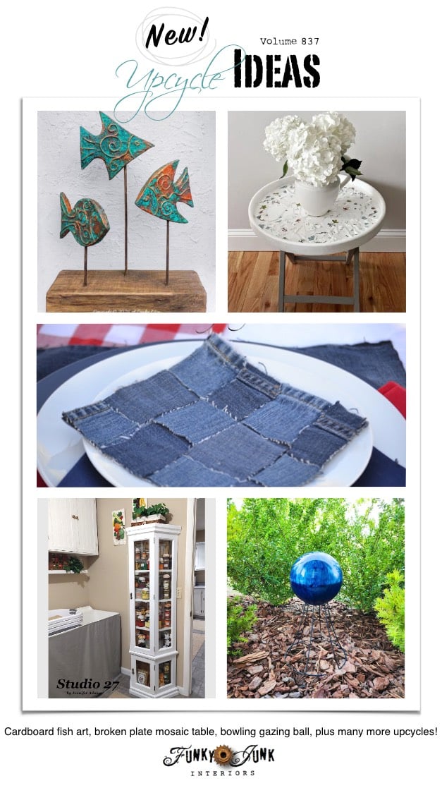 Create 20+ New Upcycle Ideas 837 - Cardboard fish art, broken plate mosaic table, bowling gazing ball, plus many more unique upcycled projects made with supplies you may already have!