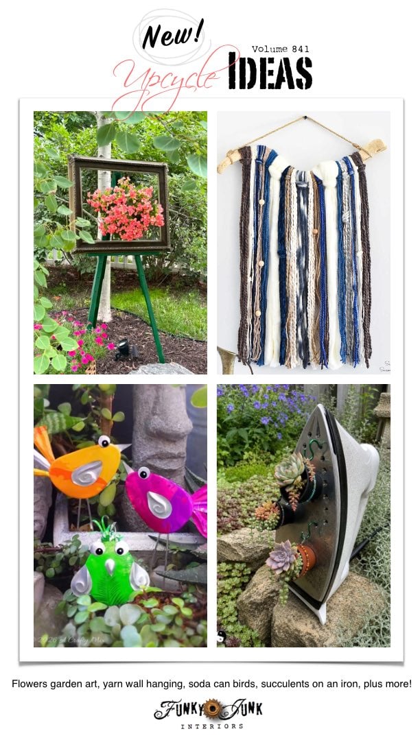 Visit 20+ New Upcycle Ideas 841 - Framed flowers garden art, yarn wall hanging, upcycled soda can birds, succulents on an old iron, plus more unique repurposed projects you can make with supplies you may already have at home!