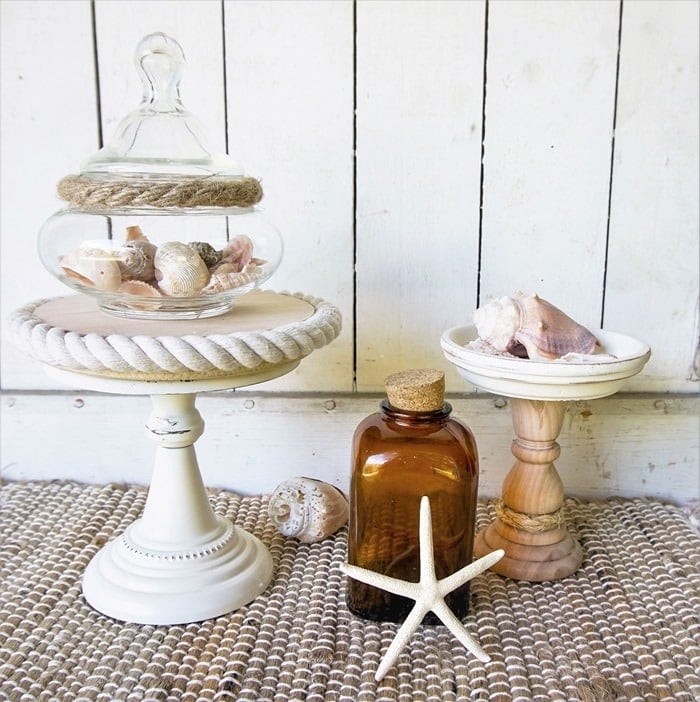 Coastal pedestal stands with rope trim by Petticoat Junktion featured on New Upcycle Ideas 843