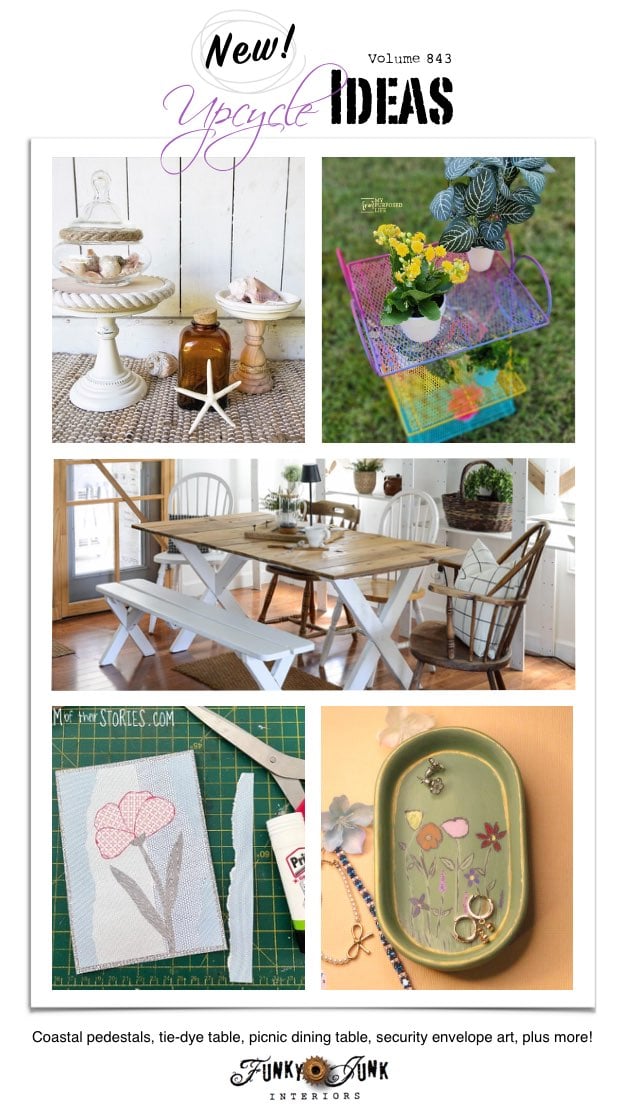Visit 20+ New Upcycle Ideas 843 - Coastal pedestals, tie-dye painted table, picnic dining table, security envelope art, plus more unique repurposed projects made with supplies you may already have!