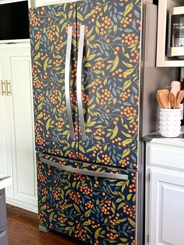 Peel and stick wallpaper fridge makeover by Sonata Home Design featured on New Upcycle Ideas 842