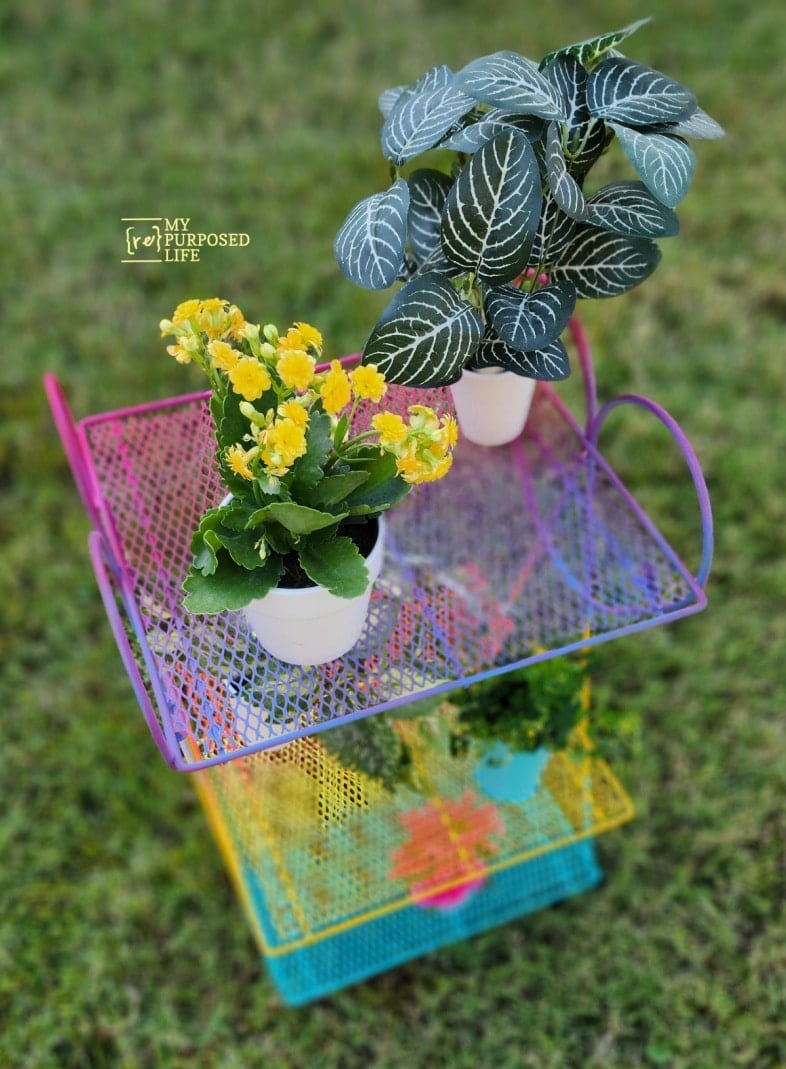 Rainbow painted vintage plant stand by My Repurposed Life featured on New Upcycle Ideas 843