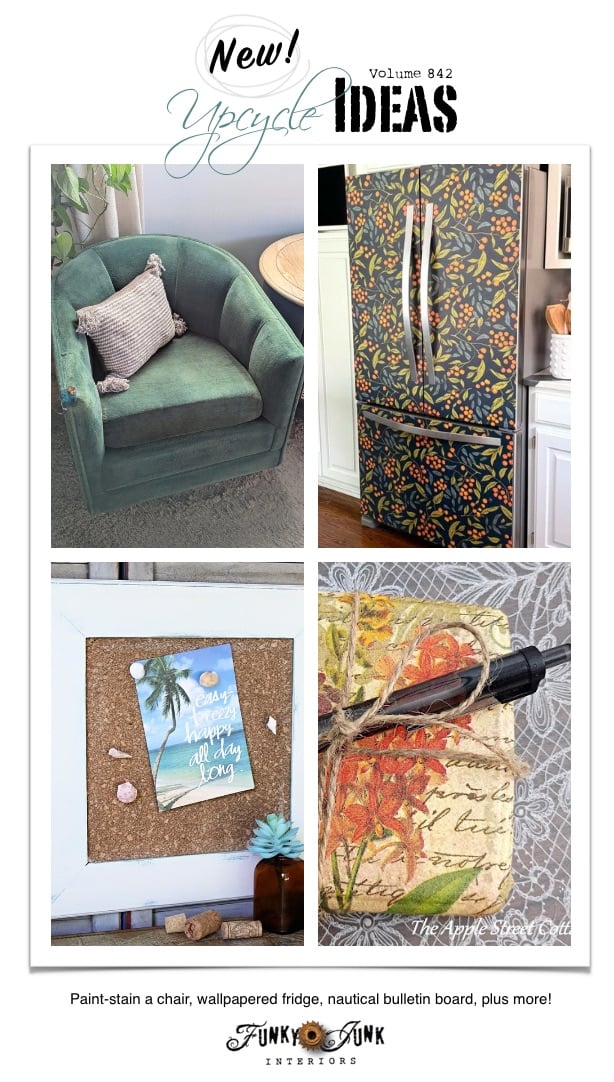 Visit 20+ New Upcycle Ideas 842 - Paint-stain and embroider patch a chair, wallpapered fridge, nautical bulletin board with shell push pins, plus more unique repurposed projects to make with supplies you may already have!