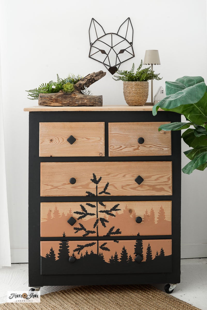 Transform a plain dresser into an enchanting forest scene painted furniture statement piece, using simple stencil techniques that make customization easy for all skill levels!