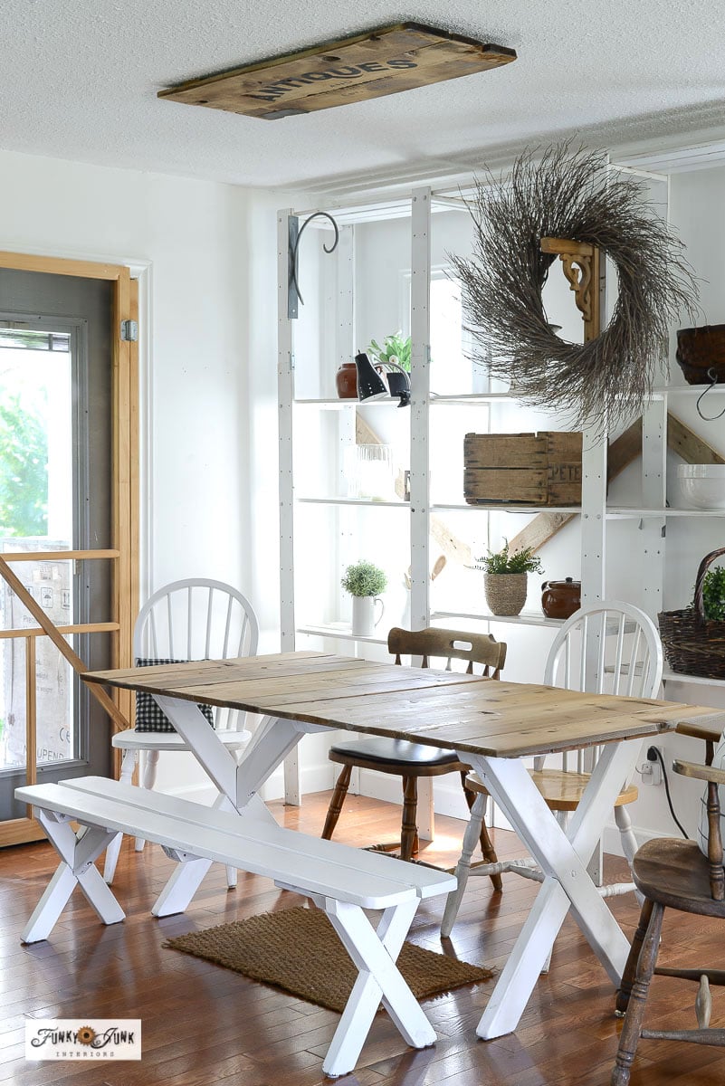 farmhouse dining table made from a picnic table and bench