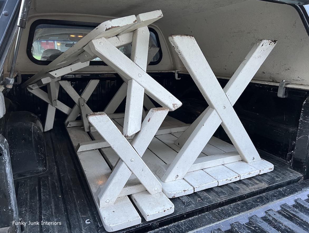 picking up an old picnic table and benches to become a farmhouse dining table