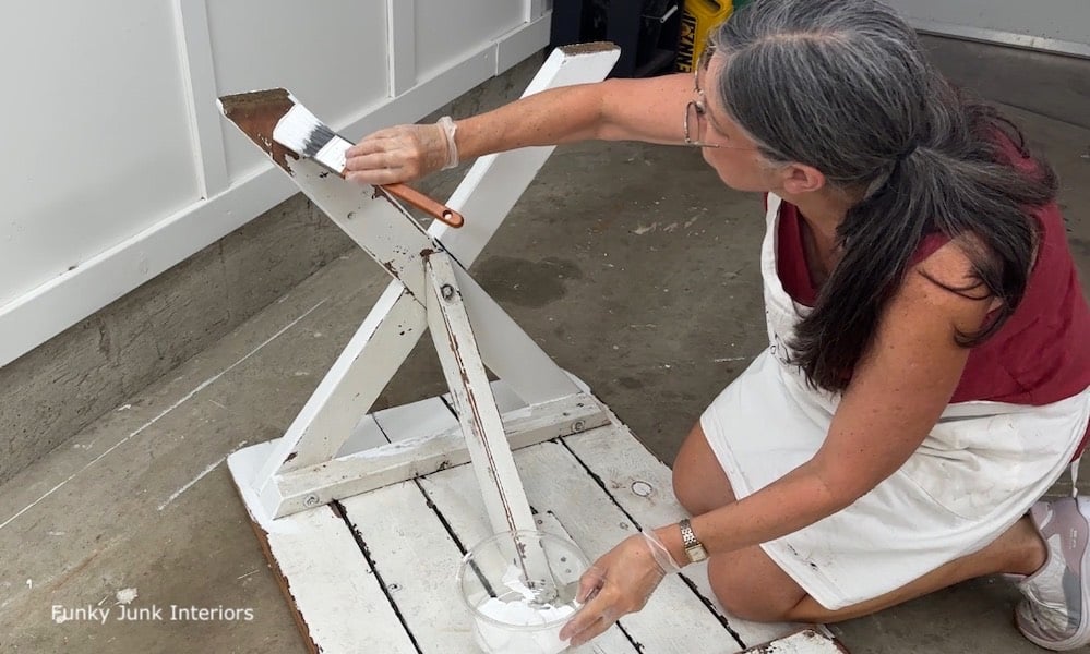 painting a picnic table in Fusion Mineral Paint's Casement to become a farmhouse dining table