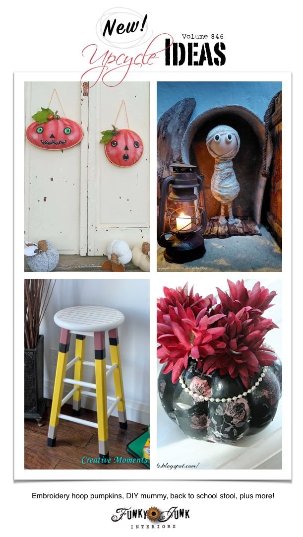 Visit 20+ New Upcycle Ideas 846 - Embroidery hoop pumpkins, DIY mummy, back to school stool, plus more unique repurposed projects to make with supplies you may already have!
