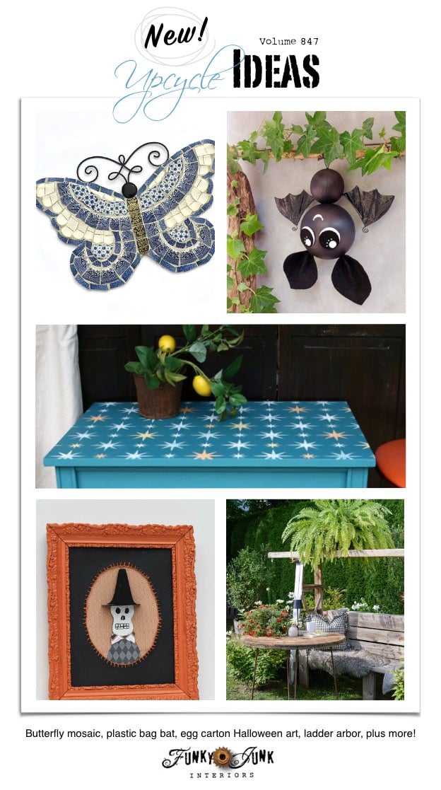 Visit 20+ New Upcycle Ideas 847 - Butterfly mosaic, plastic bag bat, egg carton Halloween art, ladder garden arbor, plus more unique upcycled ideas to make with supplies you may already have!