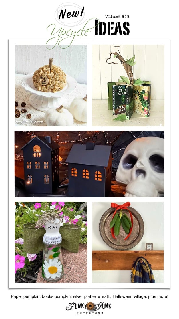 Visit 20+ New Upcycle Ideas 848 - Brown paper pumpkin, green books pumpkin, silver platter wreath, Halloween village, plus more unique repurposed projects to make with supplies you may already have!