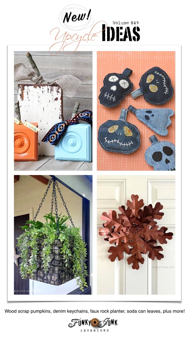 Visit 20+ New Upcycle Ideas 849 -Wood scrap pumpkins, Halloween denim keychains, faux rock planter, soda can leaf sculpture, plus more unique repurposed projects to make with supplies you may already have!
