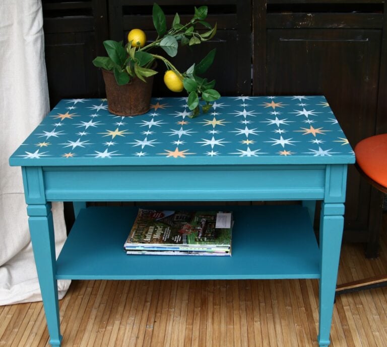 Stenciling a mid century mod table by Petticoat Junktion featured on New Upcycle Ideas 847