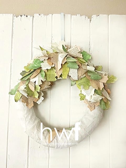 Book page leaf wreath by Homeward Found Decor featured on New Upcycle Ideas 850