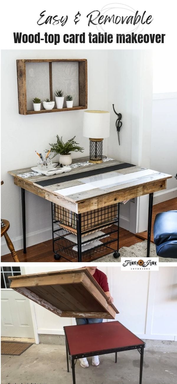 Easy and removable wood top card table makeover by Funky Junk Interiors