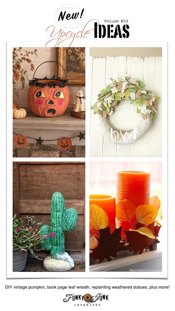 Visit 20+ New Upcycle Ideas 850 - DIY vintage pumpkin, book page leaf wreath, repainting weathered statues, plus more unique repurposed projects to make with supplies you may already have!