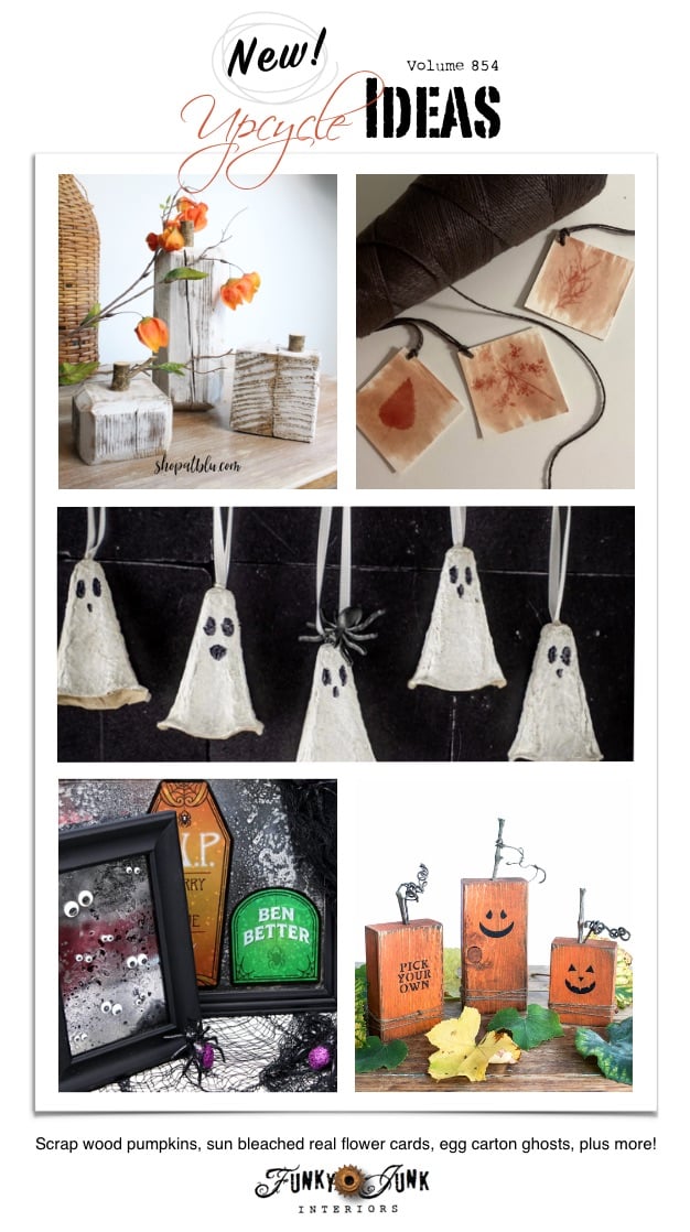 Visit 20+ New Upcycle Ideas 854 - Scrap wood pumpkins, sun bleached real flower cards, egg carton ghosts, plus more repurposed projects to make with supplies you may already have!
