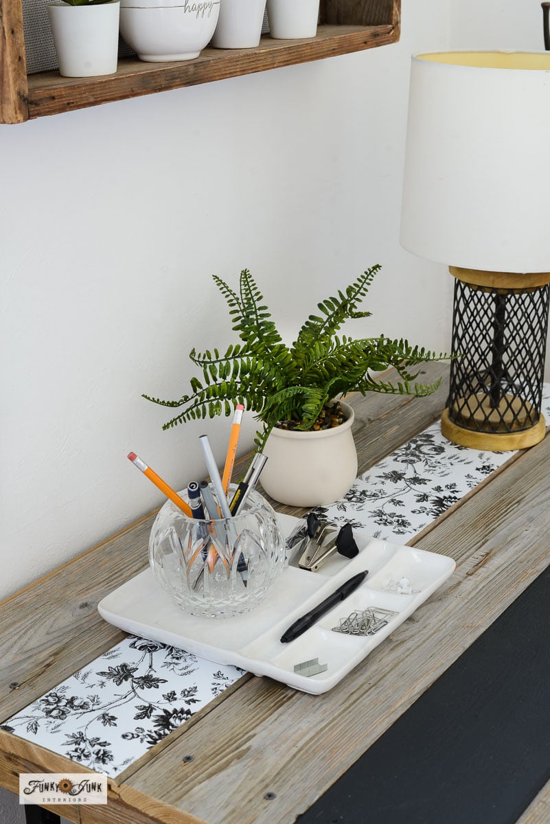 dollar store shelf paper on wood top card table makeover