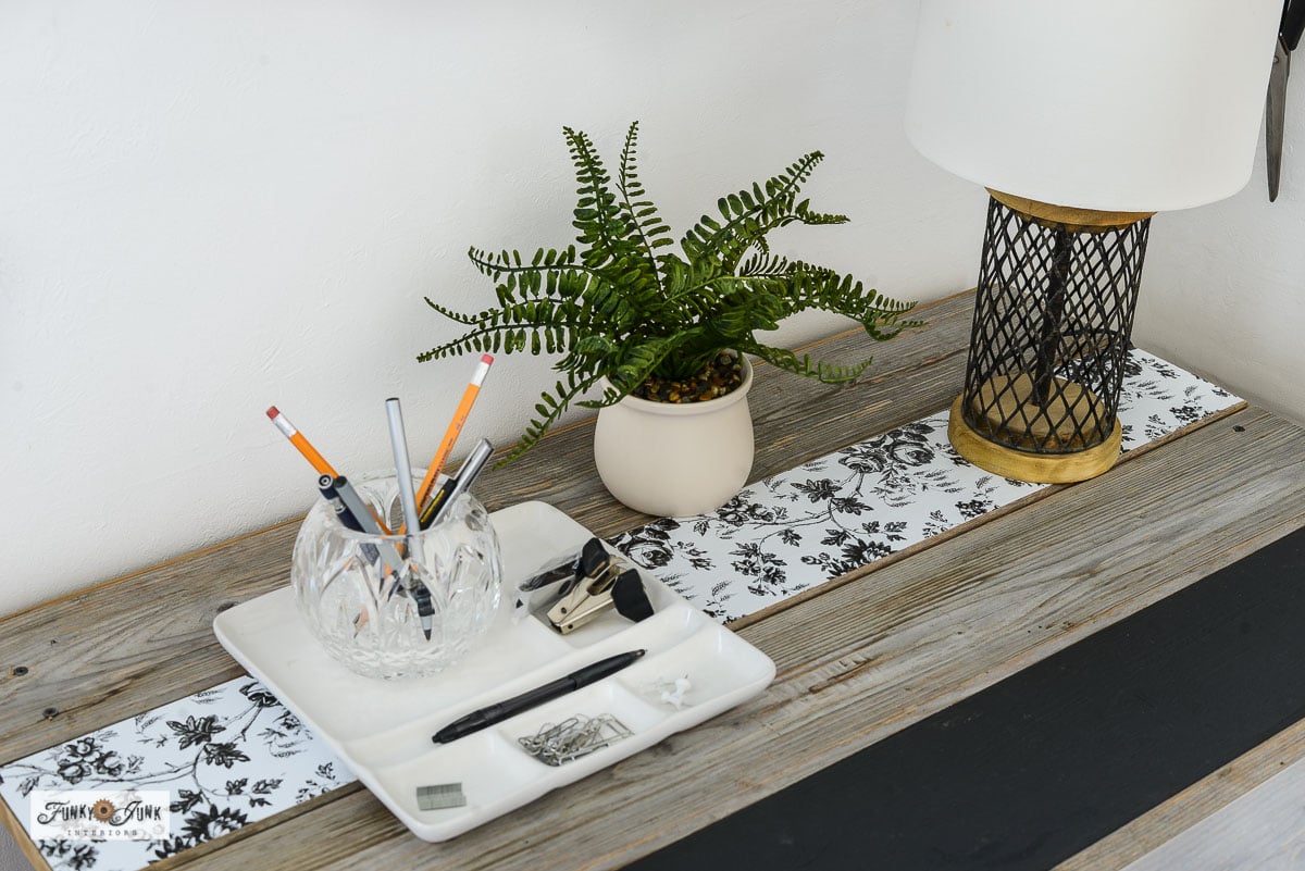 patterned shelf paper on wood topped card table makeover