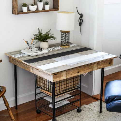 wood top card table makeover with reclaimed wood