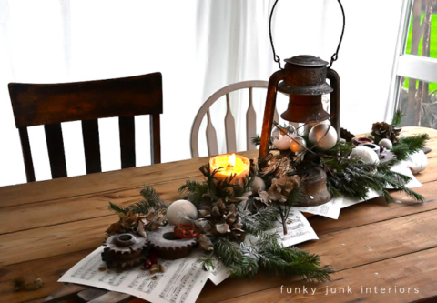 rusty gear and lantern Christmas candle centrepiece