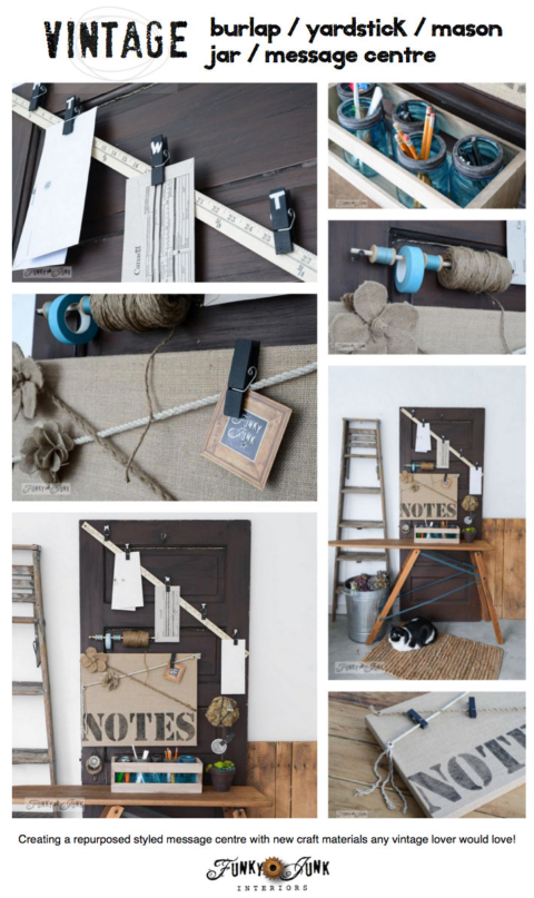 Vintage inspired burlap mason jar yardstick message centre via FunkyJunkInteriors.net