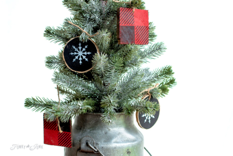 DIY Buffalo Check and snowflake wood Christmas ornaments with scrap wood!