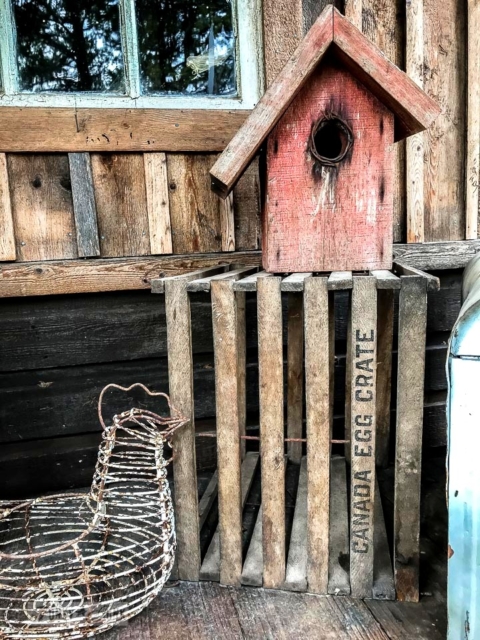 Canada eggs crate, birdhouse and chicken egg basket at The Back Porch at Harrison Hot Springs, BC