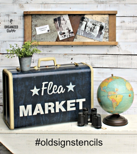 Flea Market painted vintage suitcase chalkboard style by Organized Clutter with Funky Junk's Old Sign Stencils