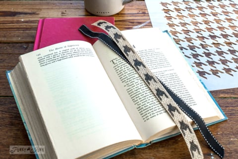 burlap ribbon bookmarks stenciled with Funky Junk's Old Sign Stencils grain sack stripes, buffalo check, houndstooth and more!-018