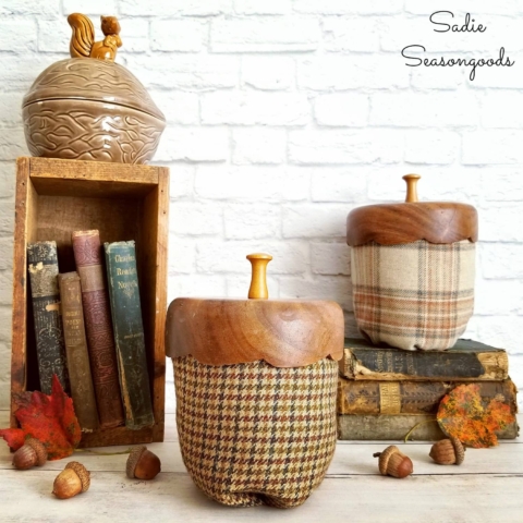 How-to-create-DIY-tweed-acorn-decor-with-upcycled-tweed-sportcoats-and-vintage-nut-bowl-caps-by-Sadie-Seasongoods
