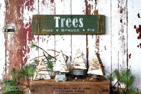 String wrapped Christmas Trees with stencils