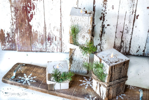 reclaimed wood faux candles with snowflake shelf-004