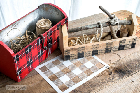 buffalo check stencil painted on two wood totes