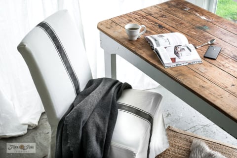 grain sack stripe stencil on Ikea slip covered chair