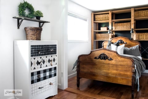Fabric pattern stenciled dresser makeover