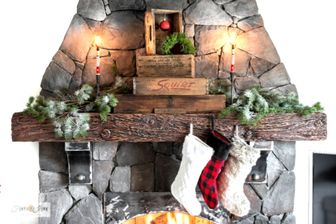 Christmas vintage crates fireplace mantel
