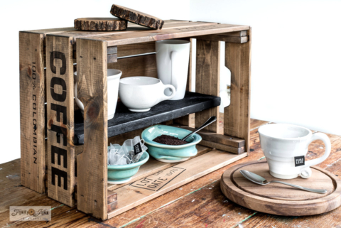 Ikea crate coffee station with Funky Junk's Old Sign Stencils