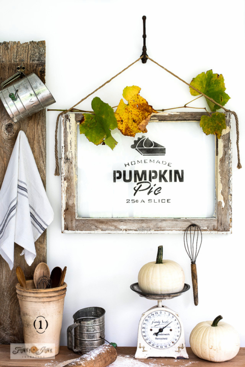 Homemade Pumpkin Pie sign on an old window with stencils