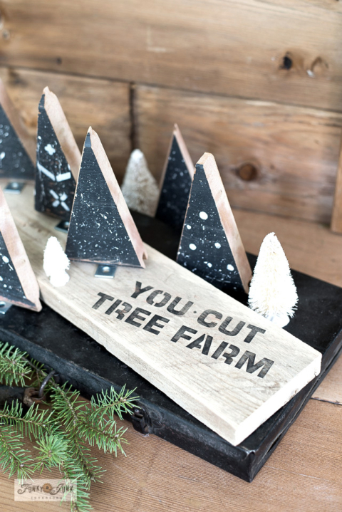 Scrap wood tree farm Christmas decor with stencils