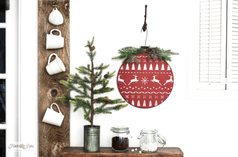 Wood round Christmas sweater ornament with stencils